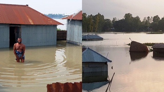 কুড়িগ্রামে নদ-নদীর পানি কমতে শুরু করেছে,ব্রহ্মপুত্র ও দুধকুমরের পানি ৪টি পয়েন্টে বিপদসীমার উপর দিয়ে প্রবাহিত দূর্ভোগ কমেনি বানভাসীদের